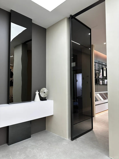 Rothnow® aluminum pivot door with 16x45 series, clear glass, in Crystal Grey finish, measuring 820mm wide by 2220mm tall