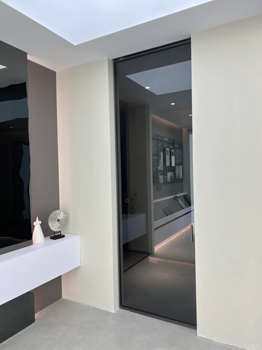 Rothnow aluminum 16x45 series pivot door with European grey glass and clear glass skin, white finish, 820mm x 2220mm.