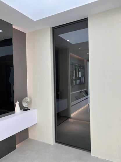 Rothnow aluminum 16x45 series pivot door with European grey glass and clear glass skin, white finish, 820mm x 2220mm.