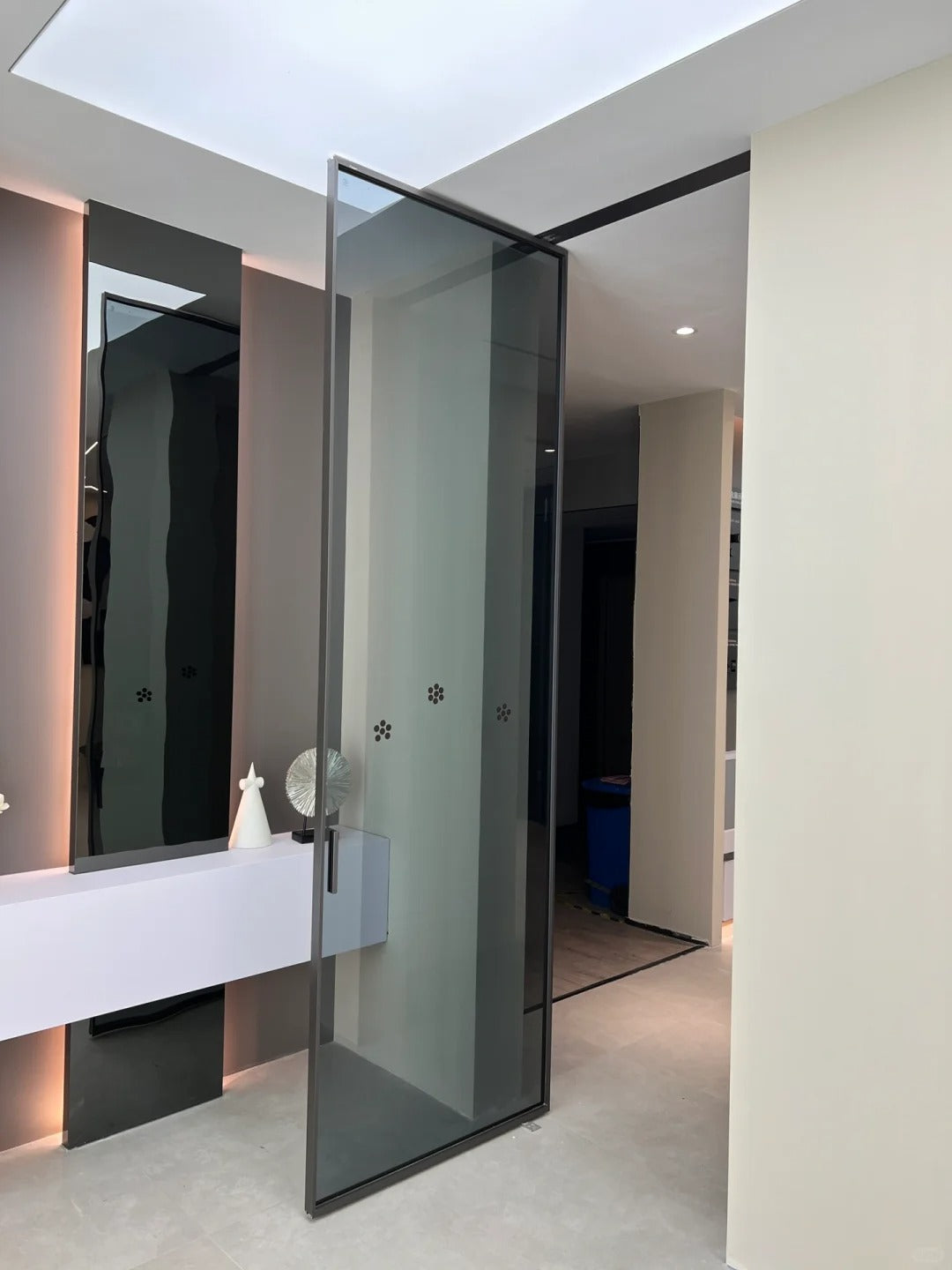 Rothnow aluminum 16x45 series pivot door with European grey glass and white frame, 820mm by 2220mm tall, modern design.