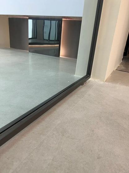 Rothnow aluminum 16x45 pivot door with European grey glass and white skin, featuring sleek modern design and clear glass panels.