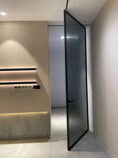 Rothnow Aluminum Pivot Door with European Grey Glass, 16x45 Series, white finish, modern design, and clear glass panel.
