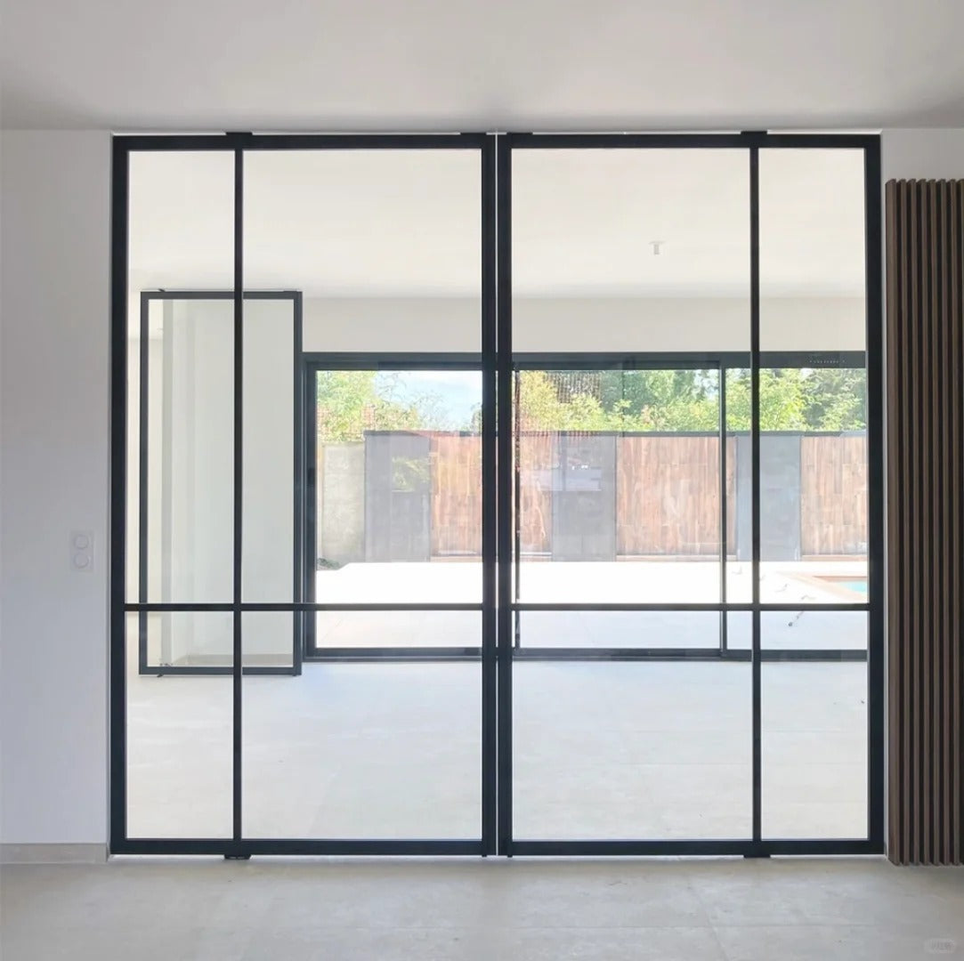 Rothnow aluminum pivot door with clear glass panels, white finish, 16x45 series, featuring grid design and modern sleek style.