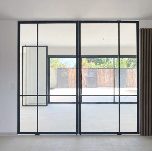 Rothnow aluminum pivot door with clear glass panels, white finish, 16x45 series, featuring grid design and modern sleek style.