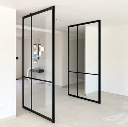 Rothnow aluminum pivot door with clear glass skin, 16x45 series, white finish, featuring grid design and sleek modern appearance.