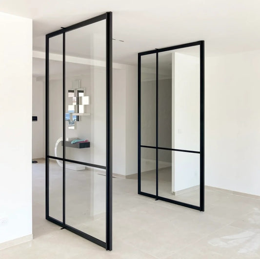Rothnow aluminum pivot door with clear glass skin, 16x45 series, white finish, featuring grid design and sleek modern appearance.