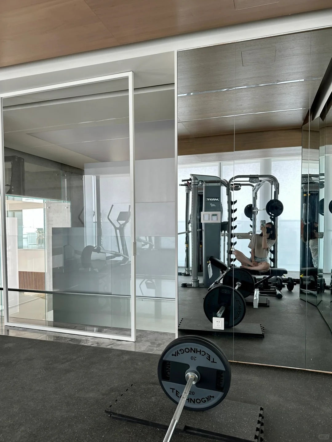Rothnow® Aluminum Pivot Door from 16x45 Series with clear glass, white finish, suitable for gym entrances, measuring 820mm by 2220mm