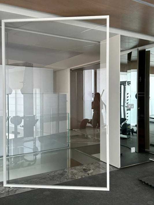 Rothnow® aluminum 16x45 series pivot gym door with clear glass, white finish, 820mm W x 2220mm H for fitness centers.