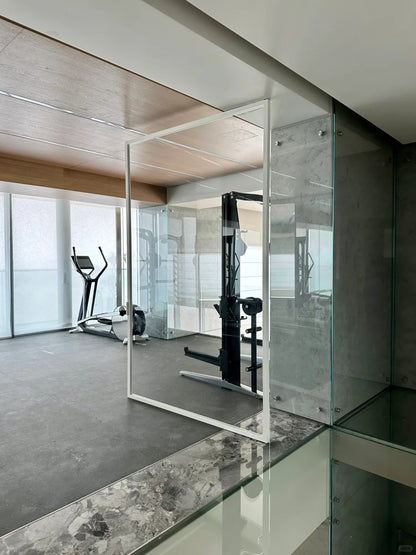 Rothnow® Aluminum 16x45 Series Pivot Door with clear glass skin, white finish, suitable for gym or interior use.