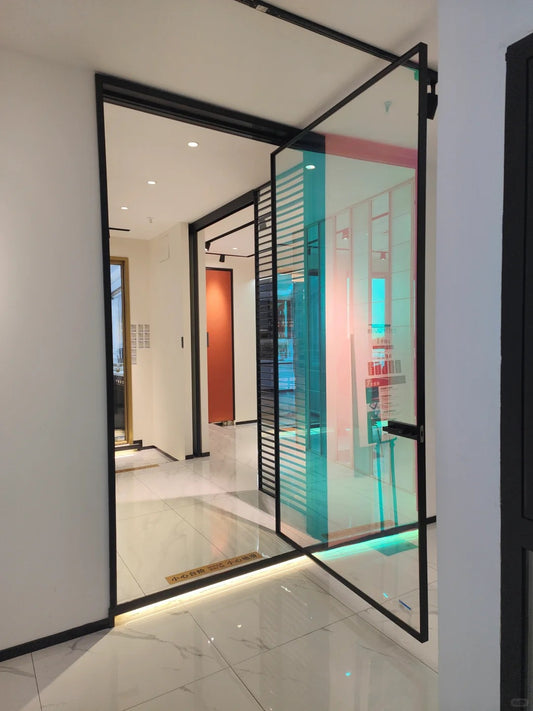 Rothnow aluminum 16x45 series pivot door with clear glass and white frame, showcasing sleek modern design.