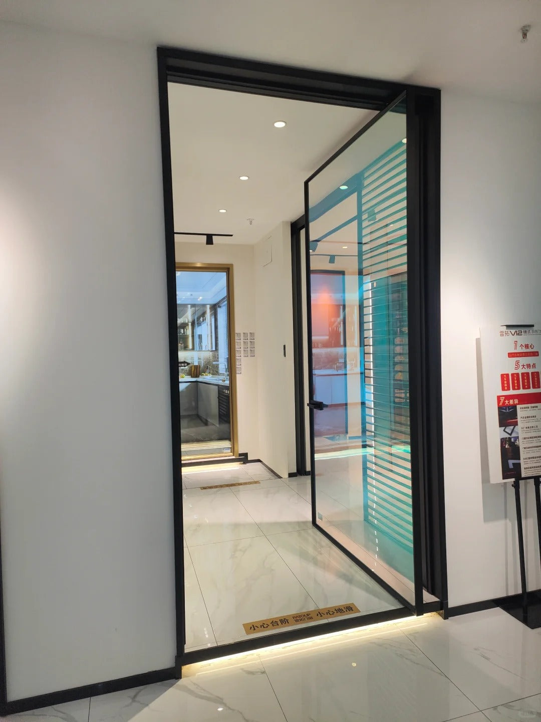 Rothnow Aluminum Door 16x45 Series pivot door with clear glass and white finish, showcasing sleek modern design.