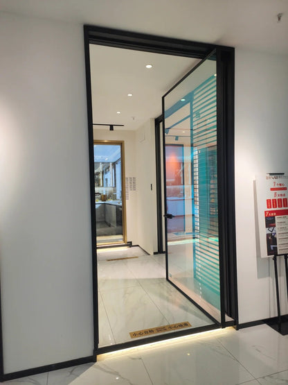Rothnow Aluminum Door 16x45 Series pivot door with clear glass and white finish, showcasing sleek modern design.