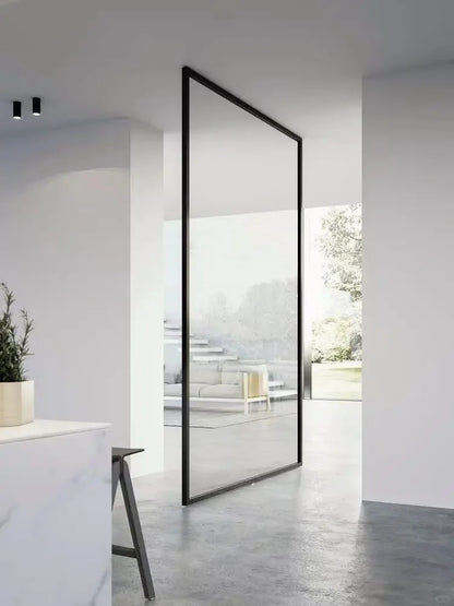 Rothnow Aluminum 16x45 Series Pivot Door with clear glass, white finish, oversized design, featuring sleek modern style.