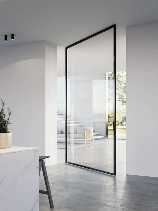 Rothnow aluminum 16x45 series oversized pivot door with clear glass, white finish, measuring 820mm W x 2220mm H.