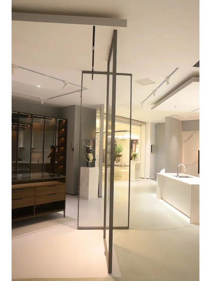 Rothnow aluminum pivot door with clear glass skin, white finish, measuring 820mm W by 2220mm H in the 16x45 Series partition door collection.