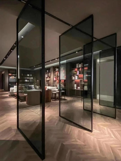 Rothnow aluminum pivot door with 16x45 series tea glass, white finish, 820mm width, 2220mm height, and clear glass skin.