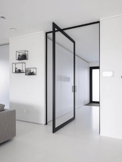 Rothnow® Aluminum Pivot Door with transparent glass, 16x45 series, white frame, showcasing sleek modern design and clear glass panel.