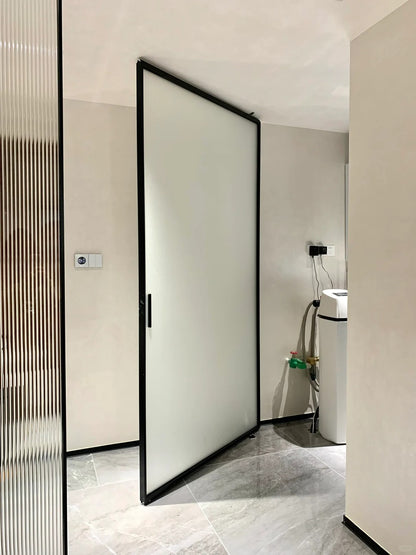 Rothnow Aluminum Pivot Door in white oil sand finish with clear glass, measuring 16x45 series, 820mm W x 2220mm H.