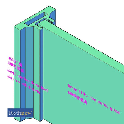Rothnow® aluminum swing door with 7x45 series slim white frame and clear glass skin, 820mm W x 2220mm H.