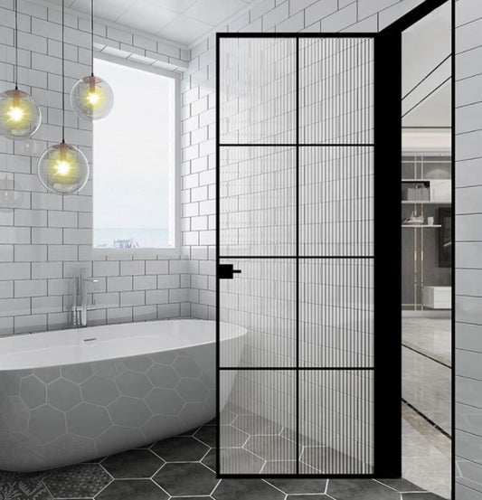 Rothnow French Style Swing Door, 16x45 Series with white slime frame, clear glass, and lattice decoration.
