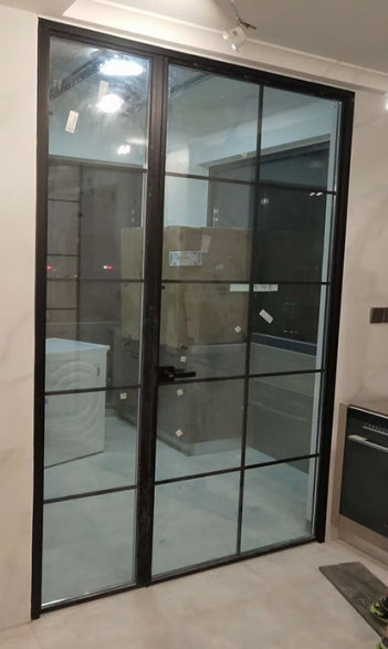 Rothnow French Style Swing Door 16x45 series with white slime frame, clear glass, and decorative lattice design.