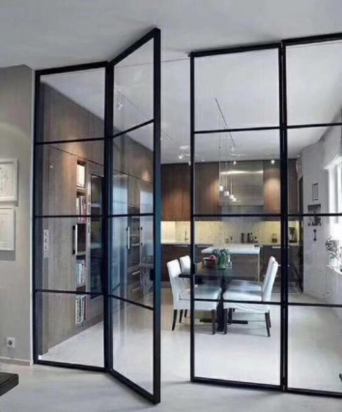 Rothnow French Style Swing Door 16x45 series with slim white frame, clear glass, and decorative lattice pattern.