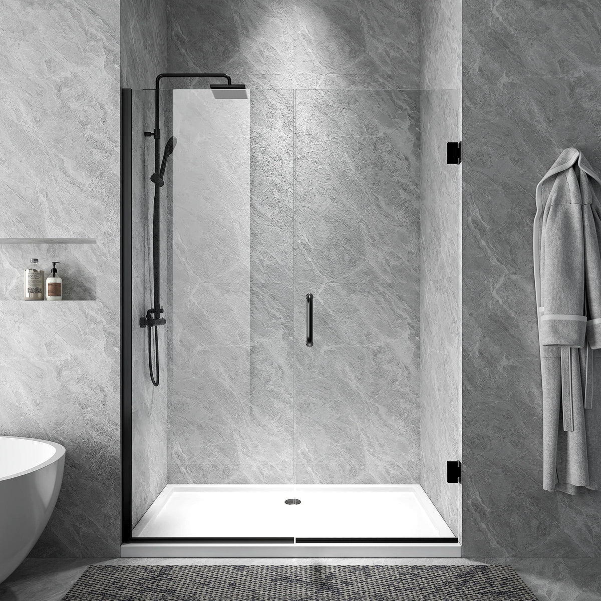 Rothnow® black profile hinged shower door with glass panel, modern design, installed in a contemporary bathroom setting