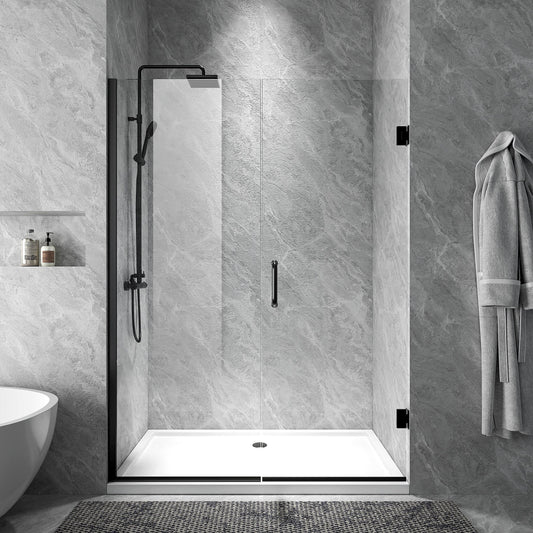 Rothnow® black profile hinged shower door with glass panel, modern design, installed in a contemporary bathroom setting