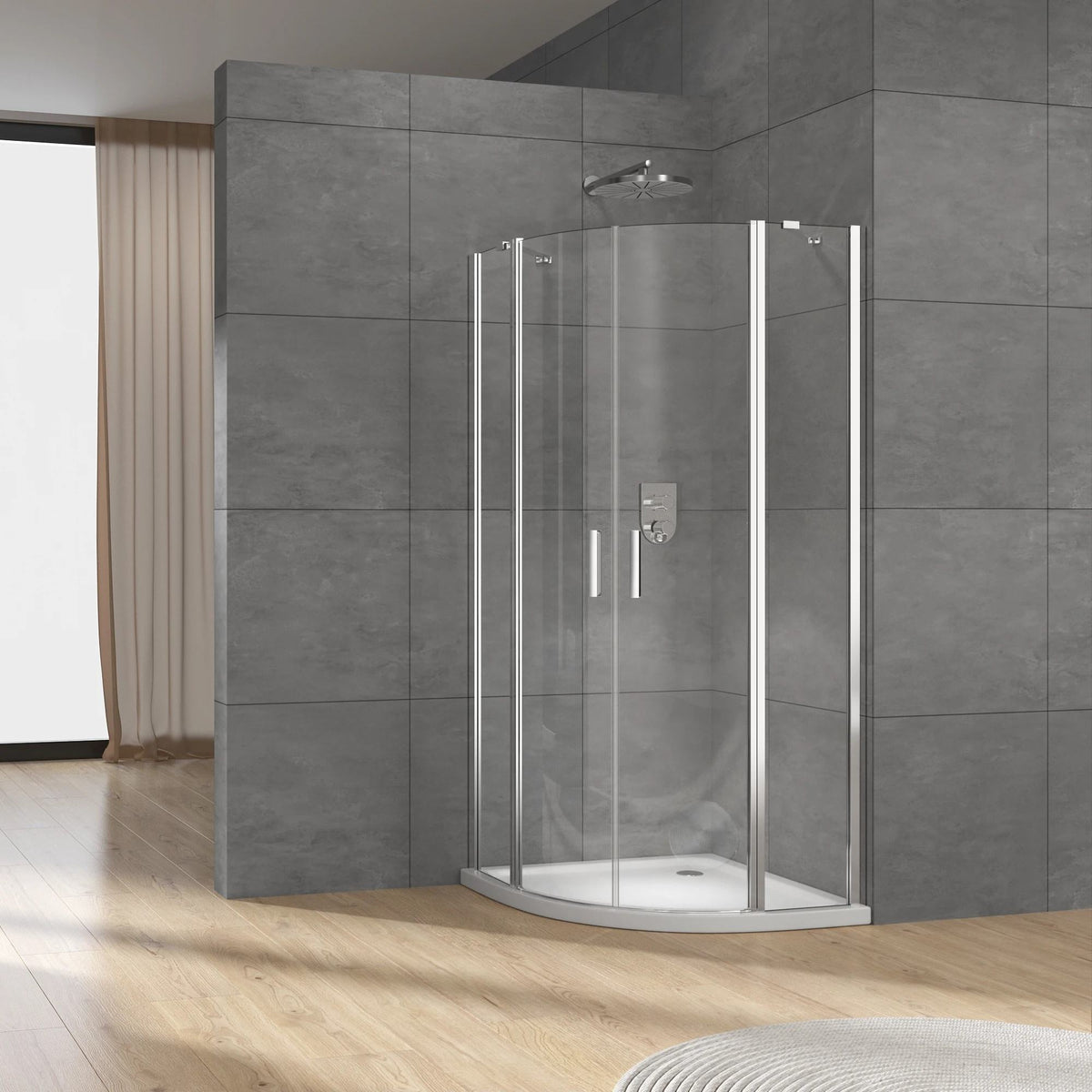 Black Rothnow shower panel with curved hinged shower door, 900x2200mm, for modern bathroom shower enclosure.