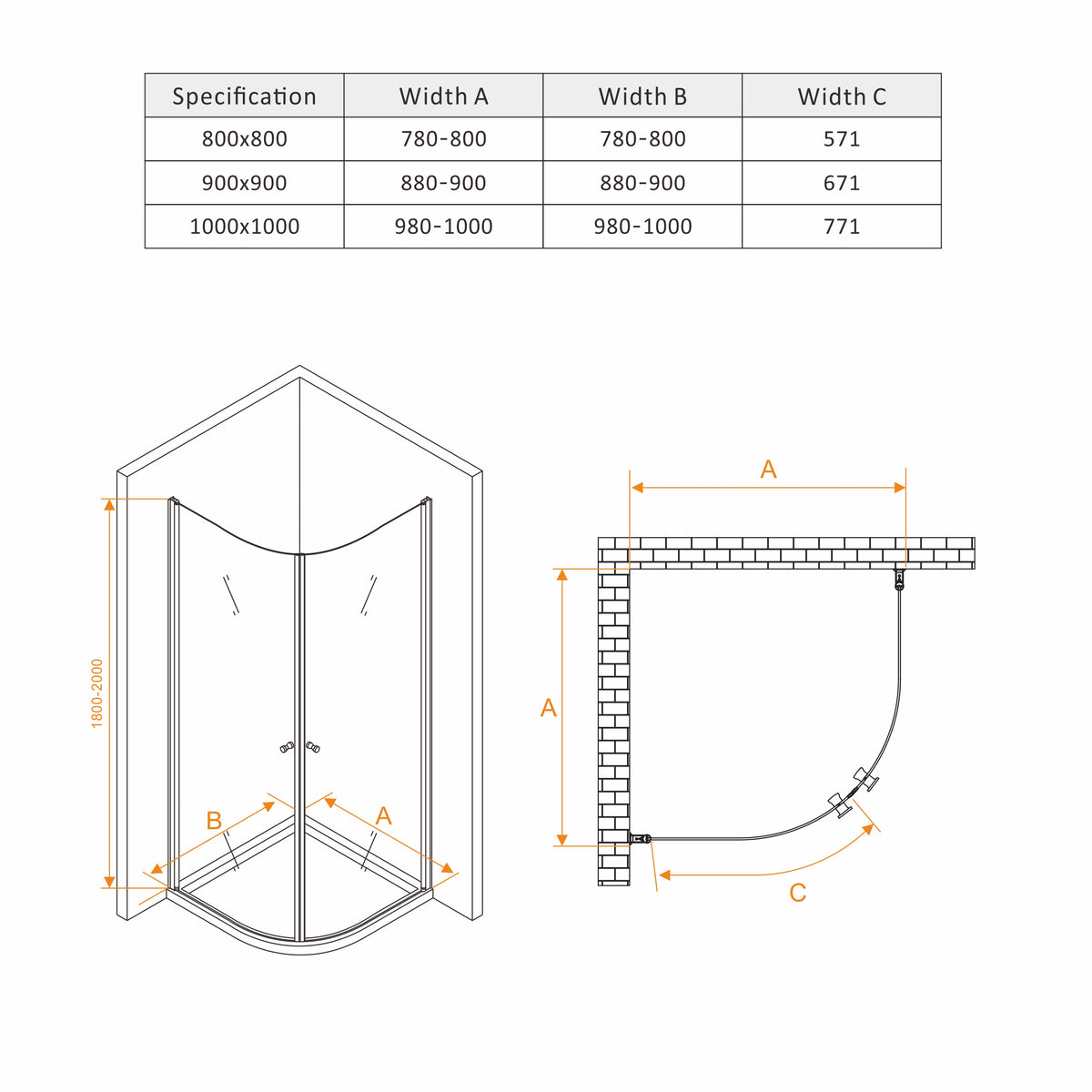 Rothnow® black hinged shower door with double curved design, 900x2200mm, for modern shower enclosures.