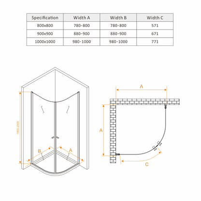 Rothnow® black hinged shower door with double curved design, 900x2200mm, for modern shower enclosures.