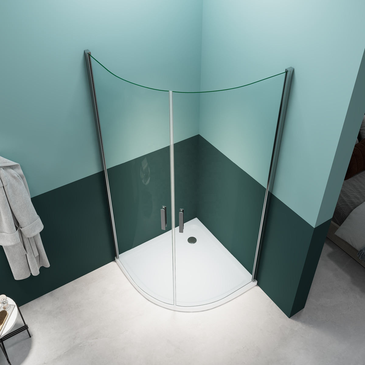 Rothnow® black hinged shower door with double curved design, 900x2200mm shower panel and sleek glass finish.