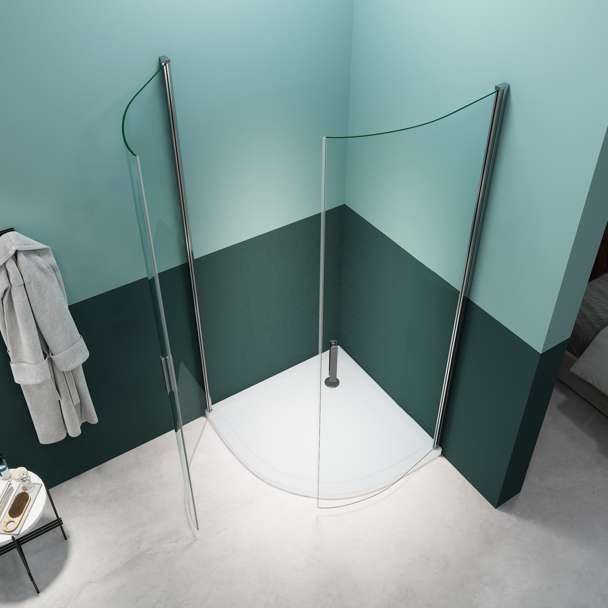 Rothnow® hinged double curved shower door in black, 900x900mm, part of a modern shower panel system.