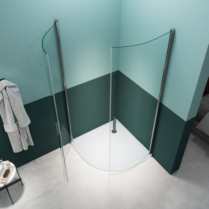 Rothnow® hinged double curved shower door in black, 900x900mm, part of a modern shower panel system.