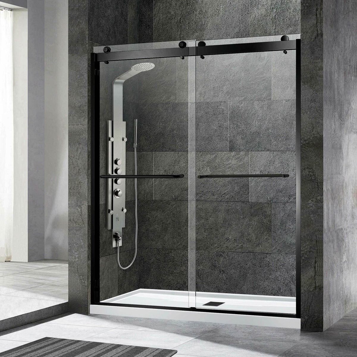 Rothnow North American Style black shower panel with double sliding shower door, 900mm wide and 2200mm tall, modern bathroom fixture