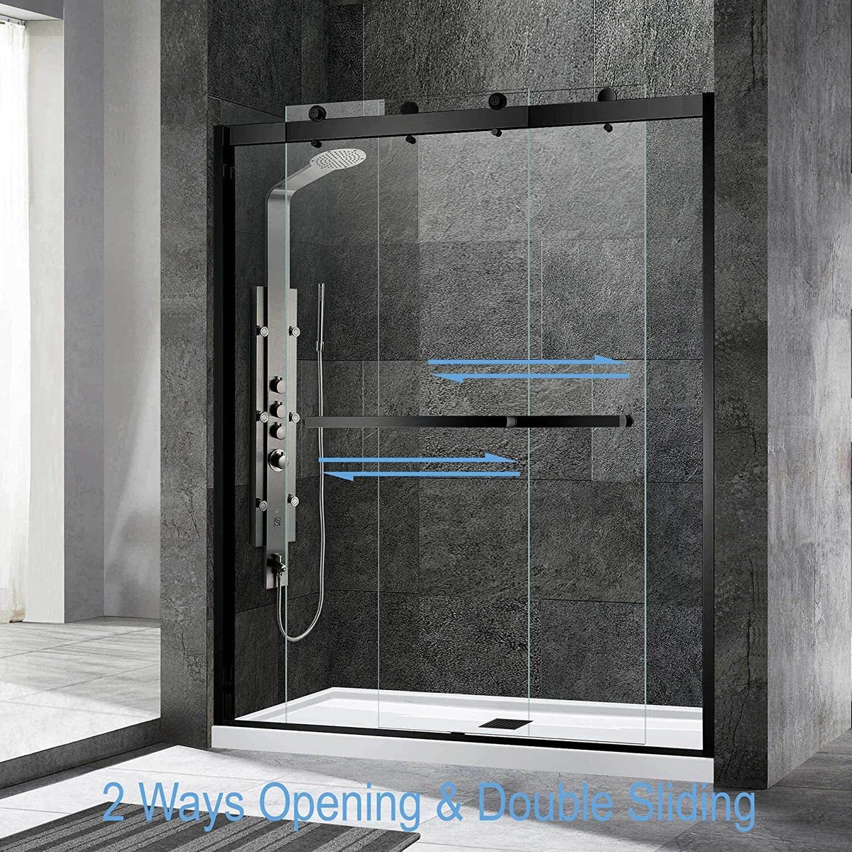 Rothnow North American style black shower panel with double sliding glass shower door, 900mm x 2200mm, modern bathroom design