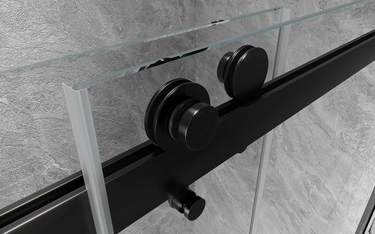 Rothnow North American style black shower panel with double sliding shower door, measuring 900mm x 2200mm, modern bathroom fixture