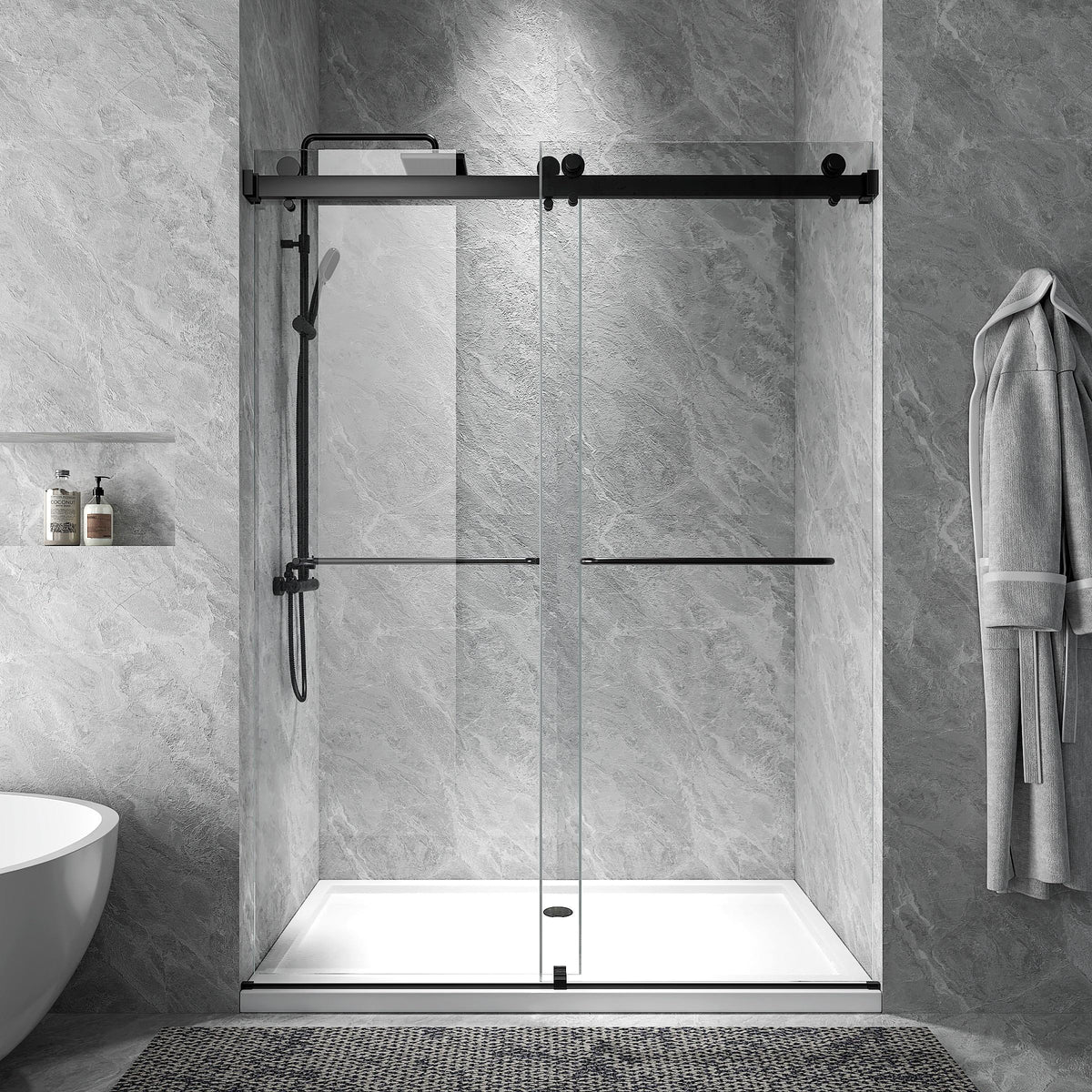 Rothnow North American style black shower panel with double sliding shower door, 900mm width and 2200mm height, modern bathroom fixture
