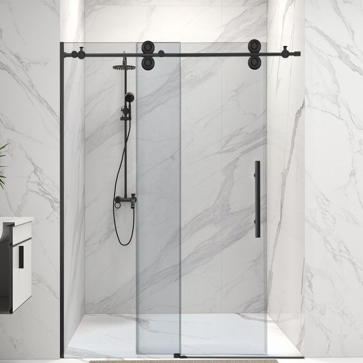 Rothnow North American style black shower panel with sliding black shower door, 900mm width and 2200mm height, modern bathroom fixture