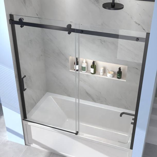 Rothnow North American Style Black Shower Panel with sliding black shower door, 900mm wide and 2200mm high, modern bathroom fixture.