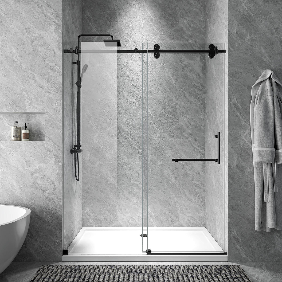 Rothnow North American style black shower panel with sliding shower door, features a sleek black finish and modern design.