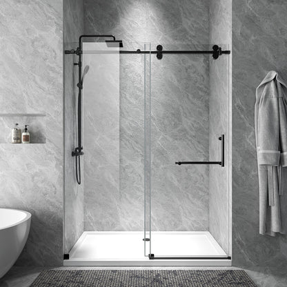 Rothnow North American style black shower panel with sliding shower door, features a sleek black finish and modern design.