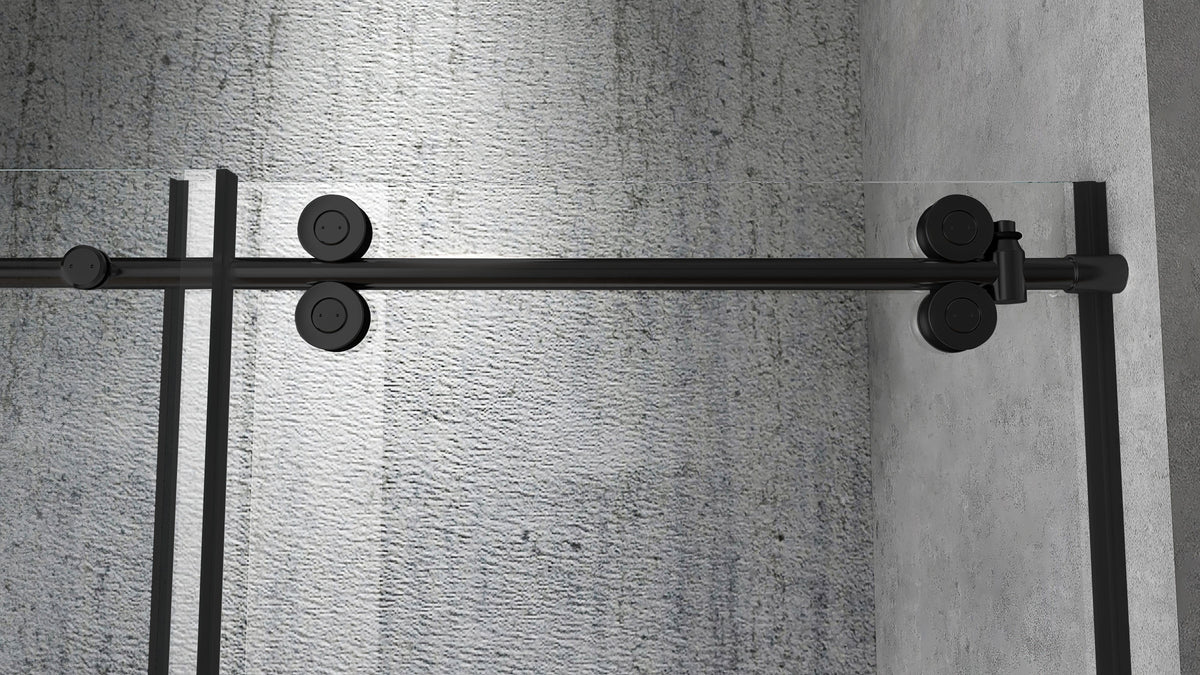 Rothnow North American style black walk-in shower panel with sliding shower door, sleek black finish, and modern design.
