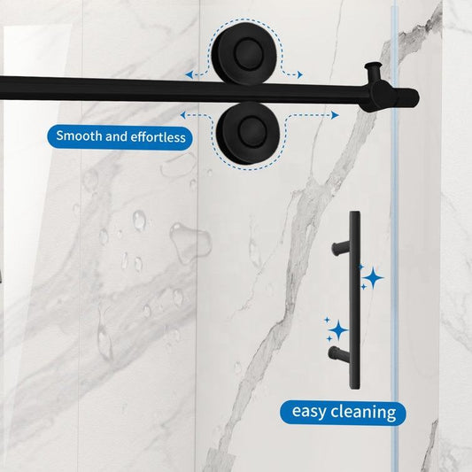 Black Rothnow North American style shower panel with sliding shower door, featuring a sleek black finish and modern design.