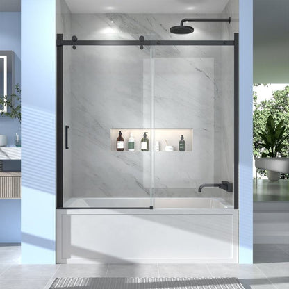 Black Rothnow North American style shower panel with sliding shower door and walk-in bathtub design, shown in a modern bathroom setting.