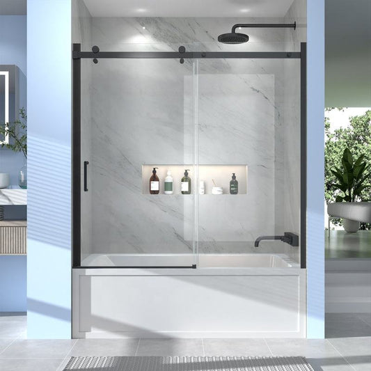 Black Rothnow North American style shower panel with sliding shower door and walk-in bathtub design, shown in a modern bathroom setting.