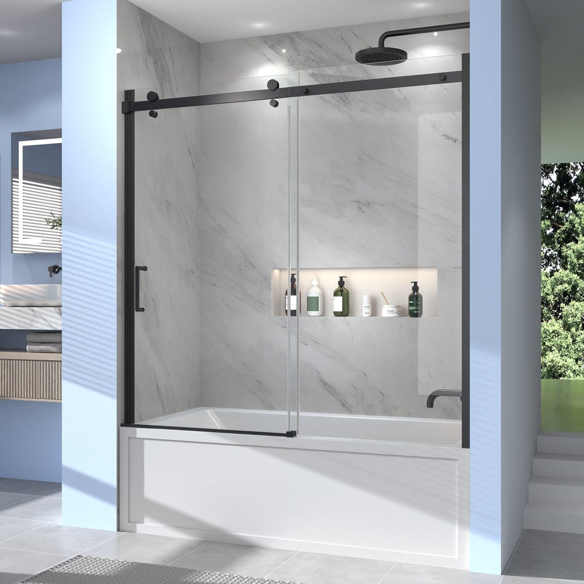 Black Rothnow North American Style shower panel with sliding shower door for walk-in bathtubs, featuring sleek glass design.