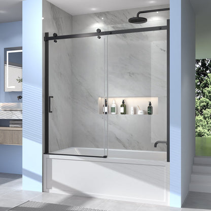 Black Rothnow North American Style shower panel with sliding shower door for walk-in bathtubs, featuring sleek glass design.