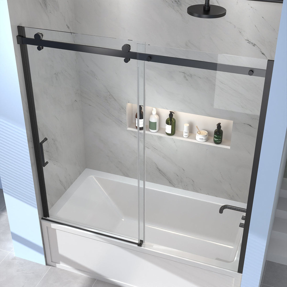 Rothnow black North American style shower panel with sliding door for walk-in bathtub, sleek and modern shower enclosure.