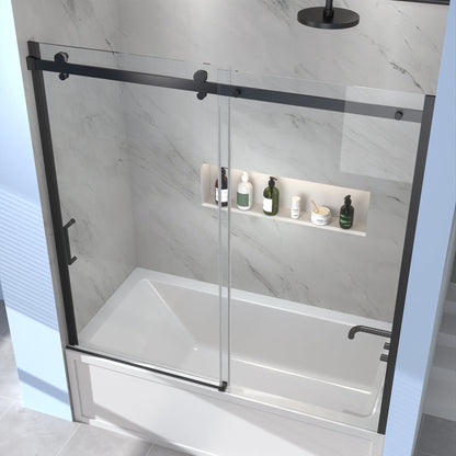 Rothnow black North American style shower panel with sliding door for walk-in bathtub, sleek and modern shower enclosure.